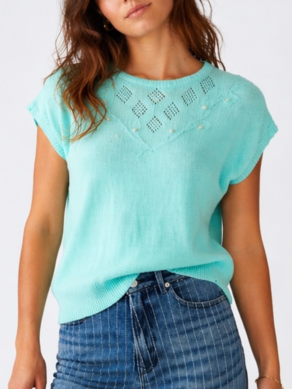 Vintage Pastel Turquoise Sweater Top Open Knit Yoke Pearl Embellished M